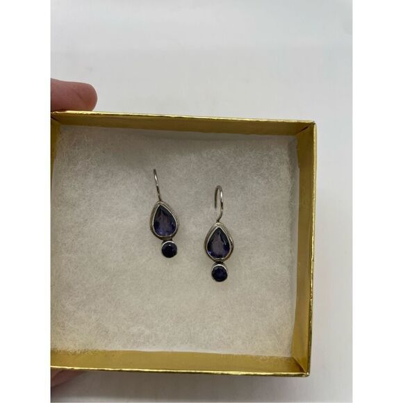 Vintage Lolite Drop Earrings Purple Stone Pierced Fish Hook Stamped - Picture 1 of 7
